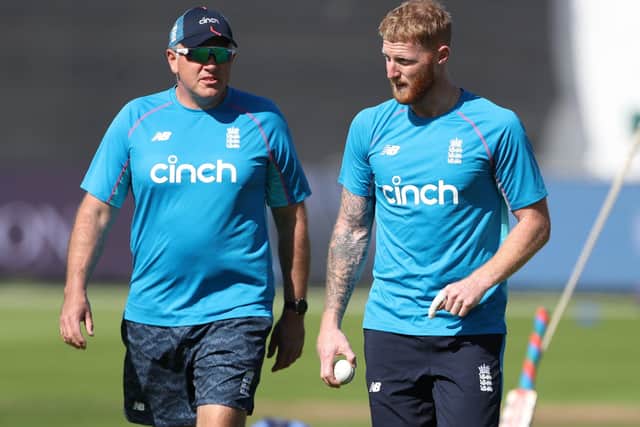 CALL ME: Ben Stokes and England head coach Chris Silverwood during a nets session last year. Picture: David Davies/PA
