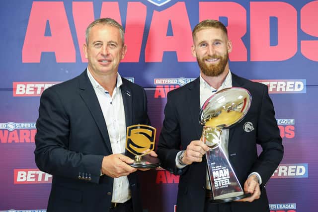Good-news story: Catalans Dragons winning the League Leaders' Shield and reaching the Super League Grand Final. Pictured are the club's Super League coach of the year and the 2021 Man of Steel, Steve McNamara and Sam Tomkins. Picture: Laurent Selles/SWpix.com.