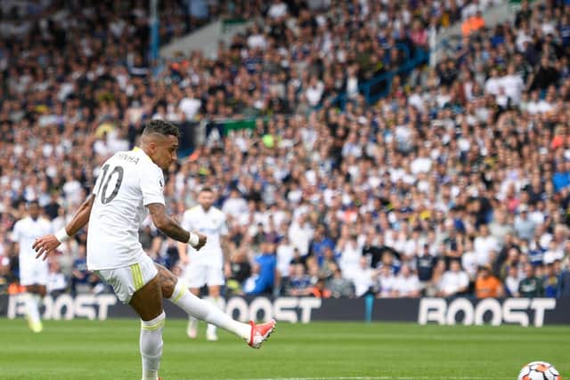 CLASS ACT: Leeds United's Brazilian international Raphinha nets his third goal of the season against West Ham. Photo by OLI SCARFF/AFP via Getty Images.