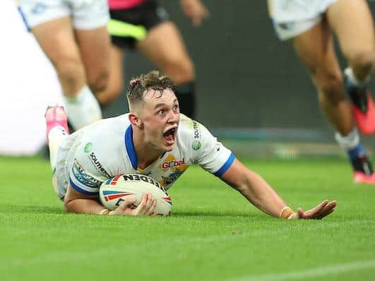 Jack Broadbent scores for Rhinos in their Magic Weekend win over Hull. Picture by John Clifton/SWpix.com.