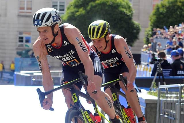 World Triathlon in Leed, 2017 - .
Jonny Brownlee leads his brother Alistair on the bike in the Elite Mens Race through Millennium Square. (Picture: Tony Johnson)