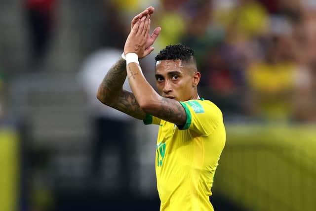 Leeds United winger salutes the crowd after scoring for Brazil against Uruguay. (Photo by Buda Mendes/Getty Images)