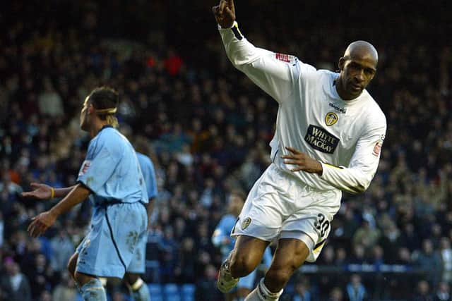 Brian Deane celebrates scoring one of his four goals during the Championship clash against Queens Park Rangers at Elland Road in November 2004. PIC: Varley Picture Agency