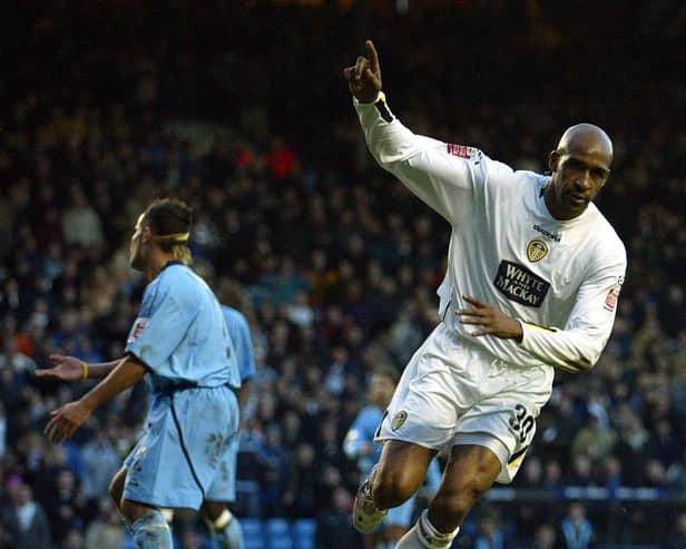 Brian Deane celebrates scoring one of his four goals during the Championship clash against Queens Park Rangers at Elland Road in November 2004. PIC: Varley Picture Agency