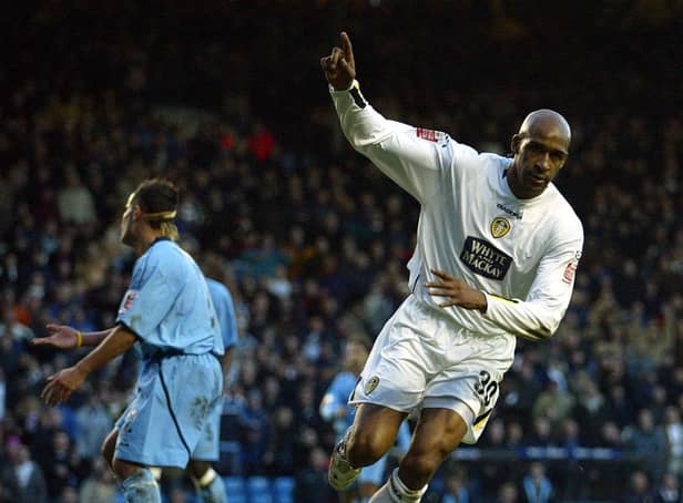 Brian Deane celebrates scoring one of his four goals during the Championship clash against Queens Park Rangers at Elland Road in November 2004. PIC: Varley Picture Agency