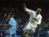 Brian Deane celebrates scoring one of his four goals during the Championship clash against Queens Park Rangers at Elland Road in November 2004. PIC: Varley Picture Agency