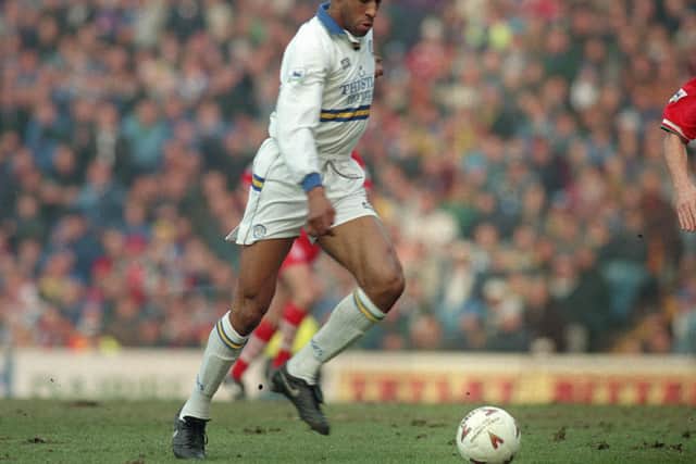 Brian Deane in action against Livwerpool at Elland Road in February 1994. The Whites won 2-0 thanks to goals from David Wetherall and Gary McAllister. PIC: Varley Picture Agency