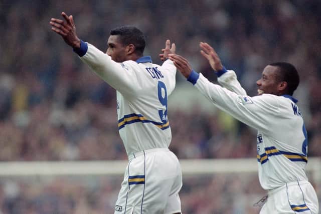 Brian Deane celebrates scoring against Tottenham Hotspur at Elland Road in October 1994. PIC: Varley Picture Agency