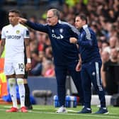 Leeds United boss Marcelo Bielsa gives instructions to Raphinha at Elland Road. Pic: Getty