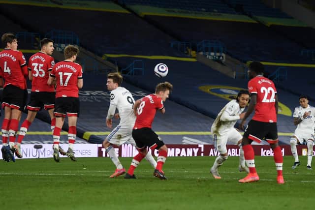 Raphinha scores a free-kick against Southampton. Pic: Gareth Copley.