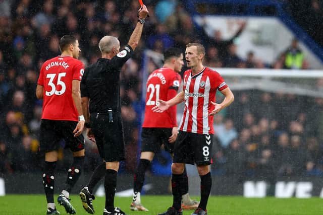 James Ward-Prowse sees red at Stamford Bridge. Pic: Clive Rose.
