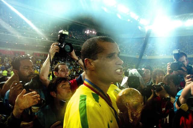 ADVICE: From former Brazil superstar Rivaldo, pictured with the 2002 World Cup, for Leeds United winger Raphinha. Photo by Tim De Waele/Getty Images.