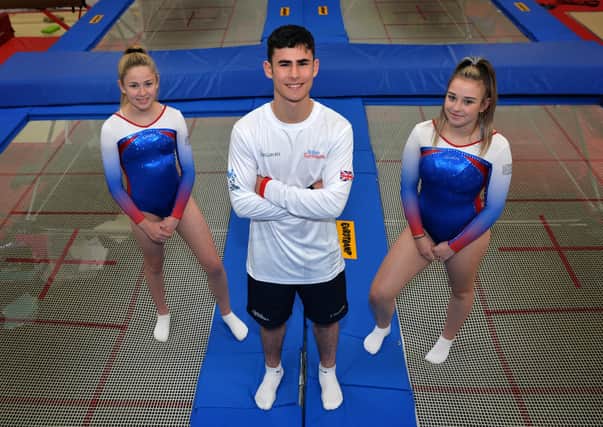 Sophie Graham, Eitan Aibi and Gabriella Moorhouse from Leeds Rebound Gymnastics Club are set to compete for Great Britain at the Age Group World Championships in Baku, Azerbaijan. 
Picture: Jonathan Gawthorpe.