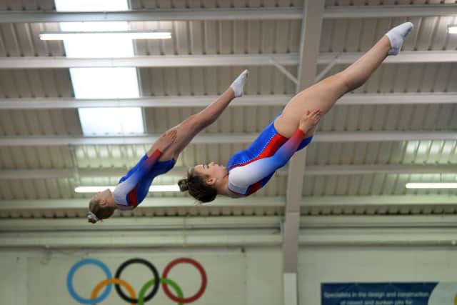 Leeds Rebound trampolinists Sophie Graham and Gabriella Moorhouse in training. 
Picture: Jonathan Gawthorpe.