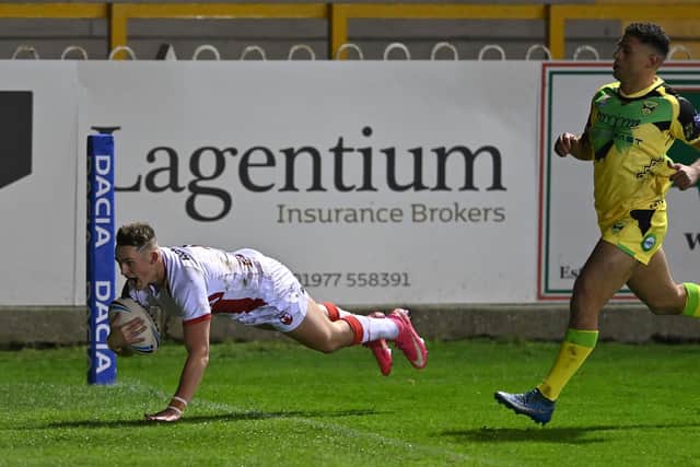 Leeds Rhinos' Jack Broadbenyt opens the scoring for England Knights. Picture by Bruce Rollinson.