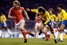CONFIDENCE: In Leeds United from former Whites England international Tony Currie, left, pictured battling it out with Zico for the Three Lions in a friendly at Wembley. Photo by Tony Duffy/Allsport via Getty Images