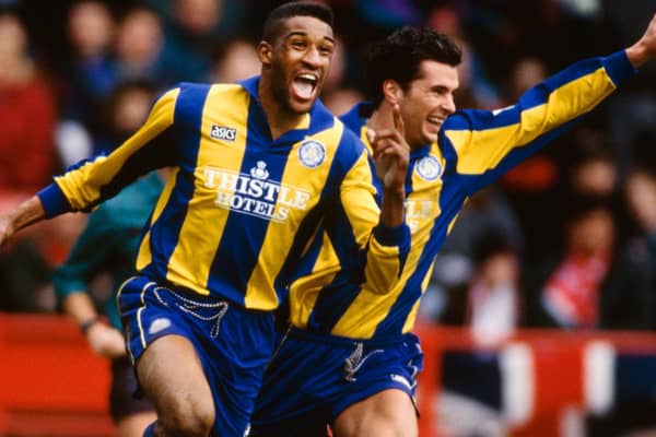 GOAL-GETTERS: Brian Deane, left, and Gary Speed, right, were both on the scoresheet as Leeds United recorded a 2-0 victory against Southampton at The Dell back in September 1993. Photo by Shaun Botterill/Allsport/Getty Images.