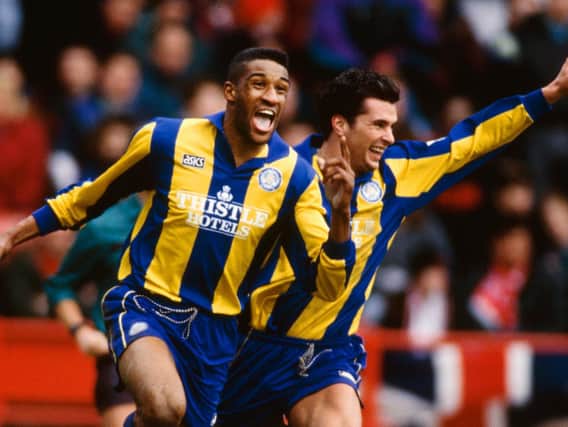GOAL-GETTERS: Brian Deane, left, and Gary Speed, right, were both on the scoresheet as Leeds United recorded a 2-0 victory against Southampton at The Dell back in September 1993. Photo by Shaun Botterill/Allsport/Getty Images.