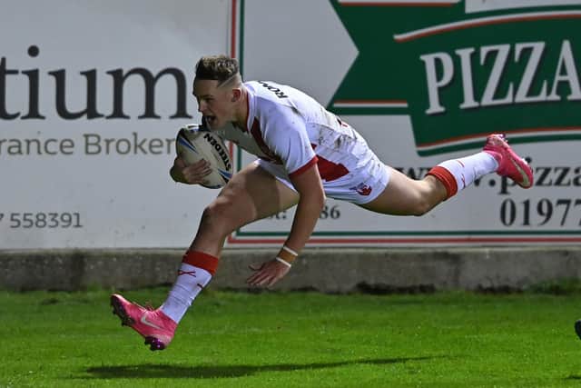 Leeds Rhinos' Jack Broadbent goes over to score England Knights' first try against 
Jamaica. Picture: Bruce Rollinson.