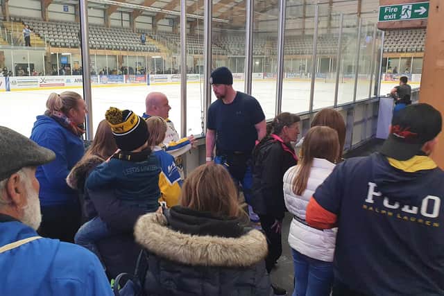 Leeds Knights assistant captain Bobby Streetly chats to fans after the win against Bees IHC.