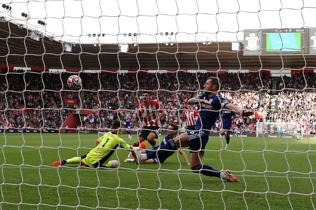 Armando Broja scores Southampton's winning goal against Leeds United on Saturday. Picture: Eddie Keogh/Getty Images.