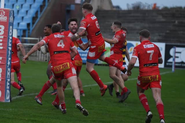 Moris Kamano celebrates his crucial second-half try for East Leeds. Picture: Matthew Merrick.