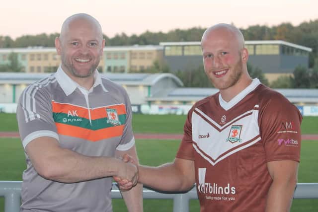 Hunslet head coach Alan Kilshaw, left, with Frazer Morris who has signed a new one-year contract at the club. Picture: courtesy Hunslet RLFC.