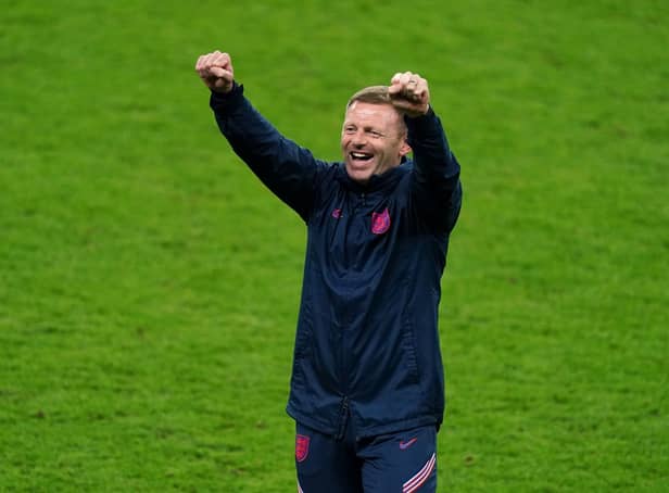 England coach Graeme Jones celebrates winning the UEFA Euro 2020 semi final match at Wembley Stadium (Picture: PA)