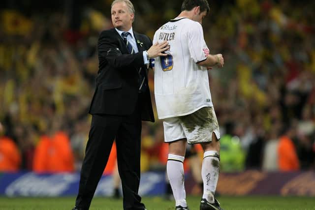 Manager Kevin Blackwell consoles a dejected Paul Butler after the Championship play-off final against Watford at the Millennium Stadium in May 2006. PIC: Getty