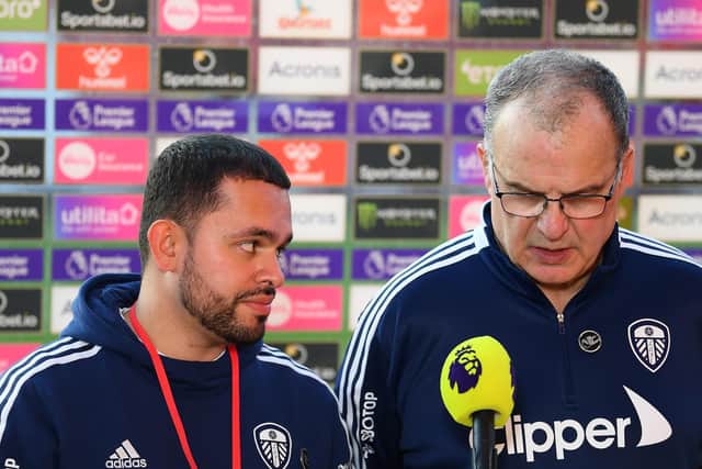 QUESTION TIME - Translator Andres Clavijo and Marcelo Bielsa, head coach of Leeds United, speaking after the defeat at Southampton. Pic: Getty