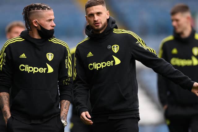 Leeds United's Mateusz Klich prepares for kick-off against Wolves with Kalvin Philips. Pic: Stu Forster.