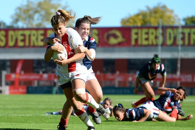 England captain Emily Rudge drives for the try line. Picture: Will Palmer/SWpix.com.