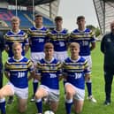 Leeds Rhinos head coach Richard Agar, left, along with head of academy recruitment and operations Simon Bell, far right, with the new Rhinos Academy recruits. From the back left are: Max Simpson, Jack Smith, Riley Lumb, Jack Johnson. Front from left: Will Gatus, Kai Morgan and Alfie Edgell. Picture: Leeds Rhinos.