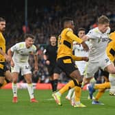'BOLD AS BRASS': Leeds United's 19-year-old forward Joe Gelhardt storms into the Wolves box to win a dramatic late penalty as Jamie Shackleton, left, looks on. Picture by Bruce Rollinson.