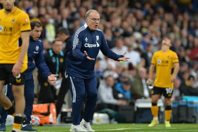 Marcelo Bielsa on the sidelines against Wolves. 
Picture: Bruce Rollinson.