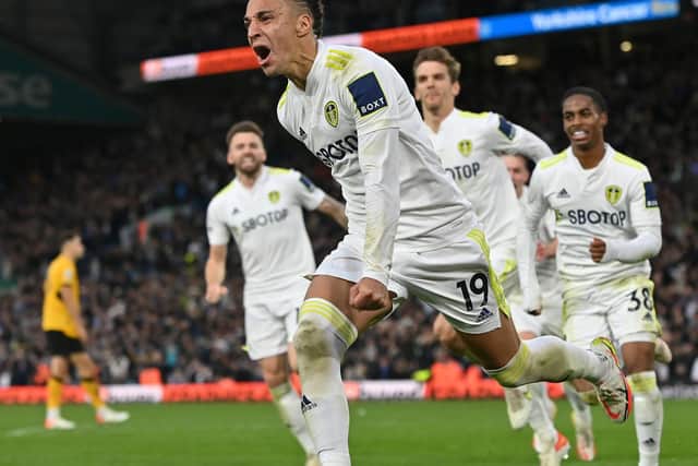 SALUTE: From Leeds United's record signing Rodrigo to Leeds United's fans, the Spaniard pictured celebrating his 94th-minute penalty to seal a 1-1 draw at home to Wolves. Picture by Bruce Rollinson.