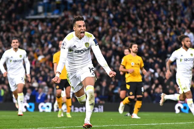 ELATION: Leeds United's record signing Rodrigo races away to celebrate netting a 94th-minute penalty to rescue a 1-1 draw against Wolves at Elland Road. Picture by Bruce Rollinson.