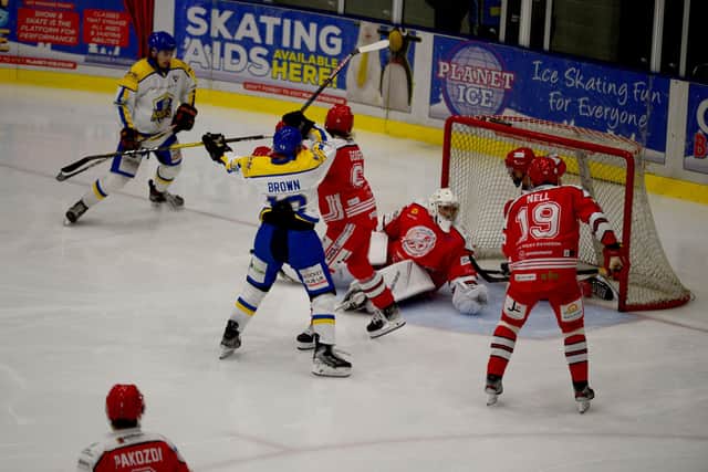 Brandon Whistle, top left, gives Leeds Knights the lead against Swindon Wildcats after just 12 seconds. Picture: James Hardisty.