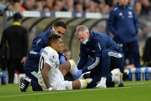 Leeds United's Raphinha was forced off injured against Wolves. Pic: Bruce Rollinson