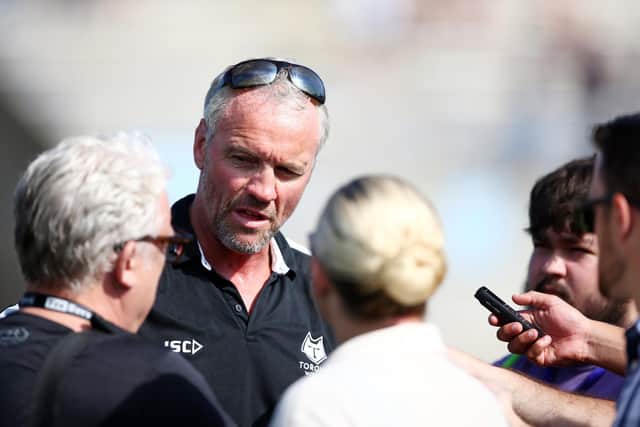 Brian McDermott talks to the press after Toronto Wolfpack's 2019 Million Pound Game win over Featherstone Rovers. (VAUGHAN RIDLEY/SWPIX)