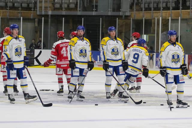 Jordan Griffin, far left, stands with Leeds Knights' team-mates Bobby Streetly, Cole Shudra and Ben Solder after a pre-season defeat at home to Swindon Wildcats.
Picture courtesy of Kat Medcroft/Swindon Wildcats