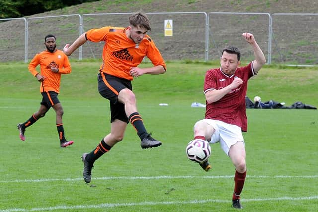 Tom Wright scores the opener for Leeds Medics and Dentists 3rds in their 5-2 win over Gildersome Spurs Reserves in Division Two of the Yorkshire Amateur League. Picture: Steve Riding.
