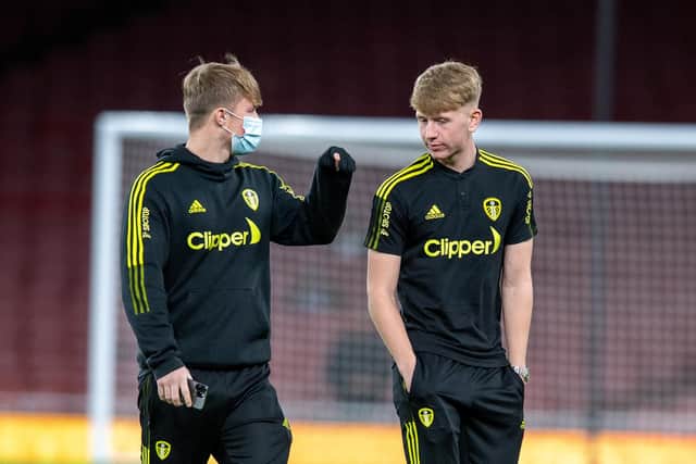 ON THE BENCH: Nineteen-year-old Leeds United forward Joe Gelhardt, left. Picture by Bruce Rollinson.