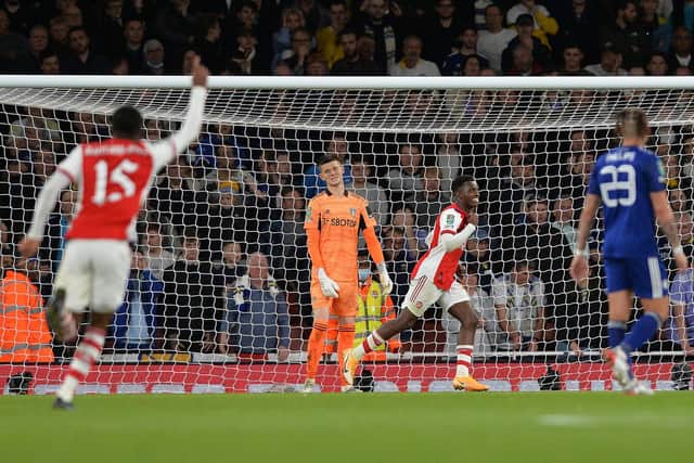 FAMILIAR FACE: Former Leeds United loanee Eddie Nketiah races away to celebrate after putting Arsenal 2-0 up against the Whites in Tuesday night's Carabao Cup clash at the Emirates. Picture by Bruce Rollinson.