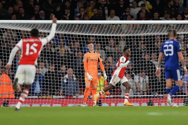 GAME OVER - Eddie Nketiah scored Arsenal's second goal to oust Leeds United from the Carabao Cup in the fourth round at the Emirates. Pic: Bruce Rollinson