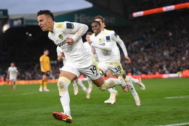 MORE LIKE IT: Record signing Rodrigo races away to celebrate drawing Leeds United level from the penalty spot in the 94th minute of Saturday's 1-1 draw against Wolves at Elland Road. Photo by Stu Forster/Getty Images.