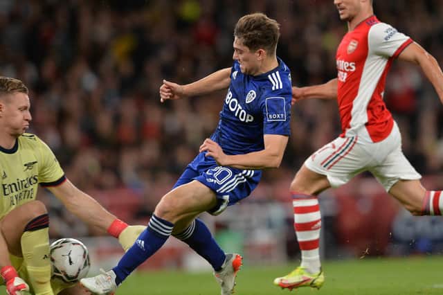 CREATING DANGER - Leeds United were able to hurt Arsenal but didn't take the chances that created at The Emirates, Daniel James squandering this one. Pic: Bruce Rollinson