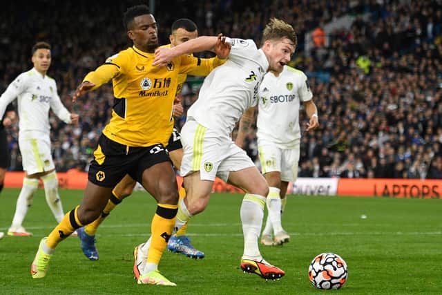 DYNAMIC DUO: Nineteen-year-old Leeds United forward, right, and record Whites signing Rodrigo, left, as Gelhardt wins a late penalty in Saturday's Premier League clash against Wolves at Elland Road. Photo by OLI SCARFF/AFP via Getty Images.