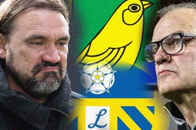THIRD MEETING: Between Norwich City boss Daniel Farke, left, and Leeds United head coach Marcelo Bielsa, right. Graphic by Graeme Bandeira.