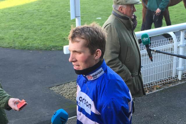 Harry Cobden speaks to the media after last year's Charlie Hall Chase win.